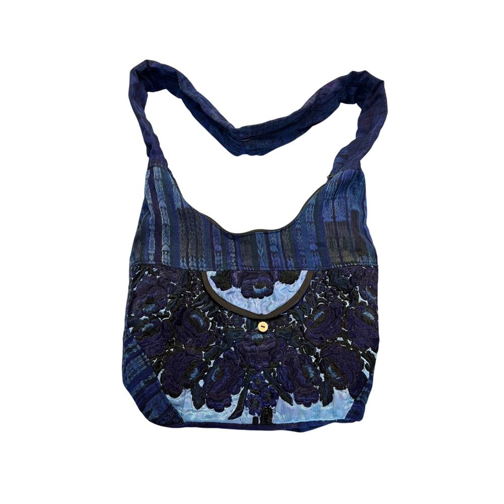 Handmade Mexican Embroidered Blue Floral Boho Zip Womens Shoulder Bag Purse